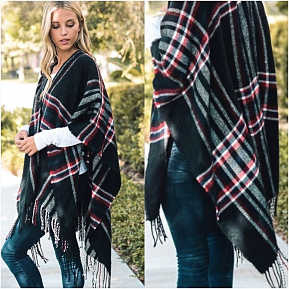 Gorgeous Plaid Knit Kimono Cardi Wrap Fringe O/S - Picture 2 of 8